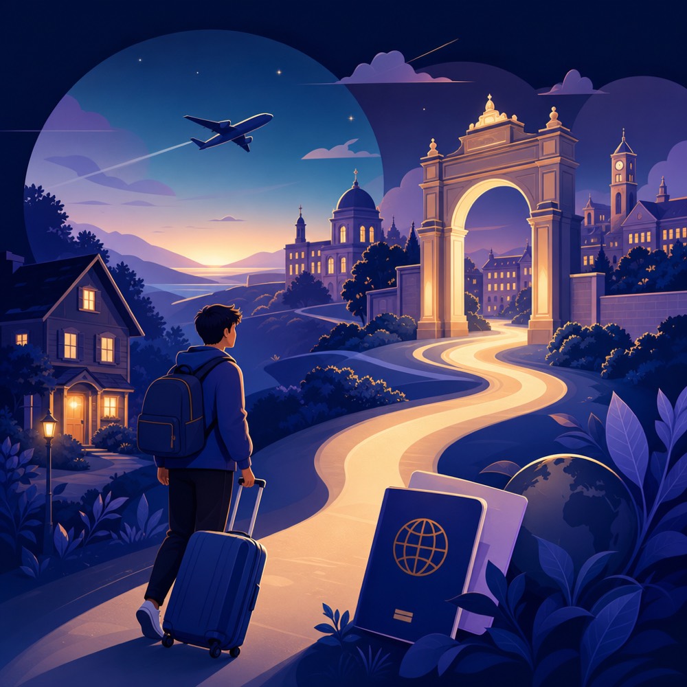A student's journey from home to a university abroad, with suitcase, passport and a welcoming campus gateway